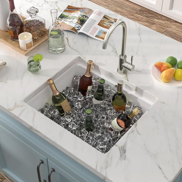 21 in. White Granite Composite Undermount Wet Bar Sink Workstation, Single Bowl Quartz Small Kitchen RV Prep Basin