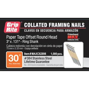 3 in. x 0.131 in. 30° Paper Collated 304 Stainless Steel Ring Shank Offset Round Head Nails 1000 per Box