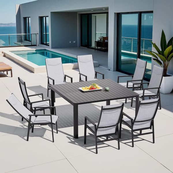Gray 9-Piece Aluminum Square Expandable Patio Outdoor Dining Set with Adjustable Backrest Chair and Round Corner Table