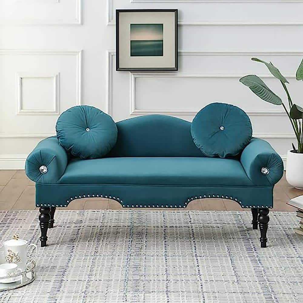 54 in. Teal Accent Velvet 2-Seater Loveseat Upholstered Rolled Arms Small Sofa Couch with Wood Legs, Blue