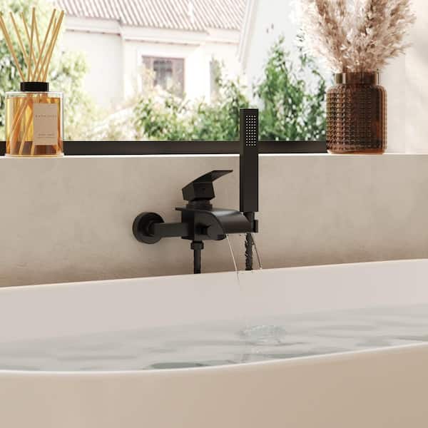 Single Handle Wall Mount Waterfall Roman Tub Faucet with Hand Shower in Matte Black (Valve Included)