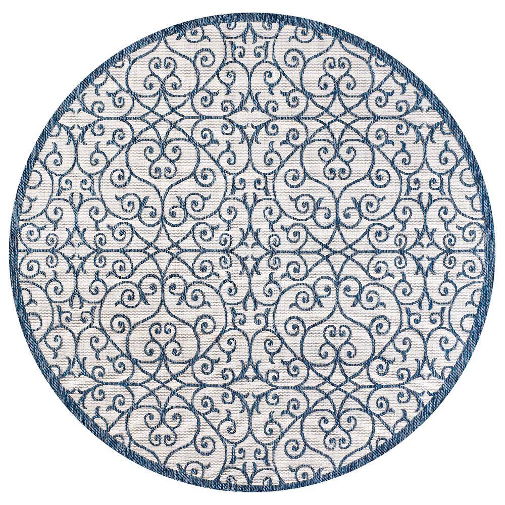 Madrid Boho-Chic Blue and Cream Geometric Round Indoor/Outdoor Rug