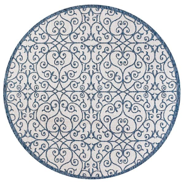 Madrid Vintage Filigree Textured Weave Cream/Blue 5 ft. Round Indoor/Outdoor Area Rug