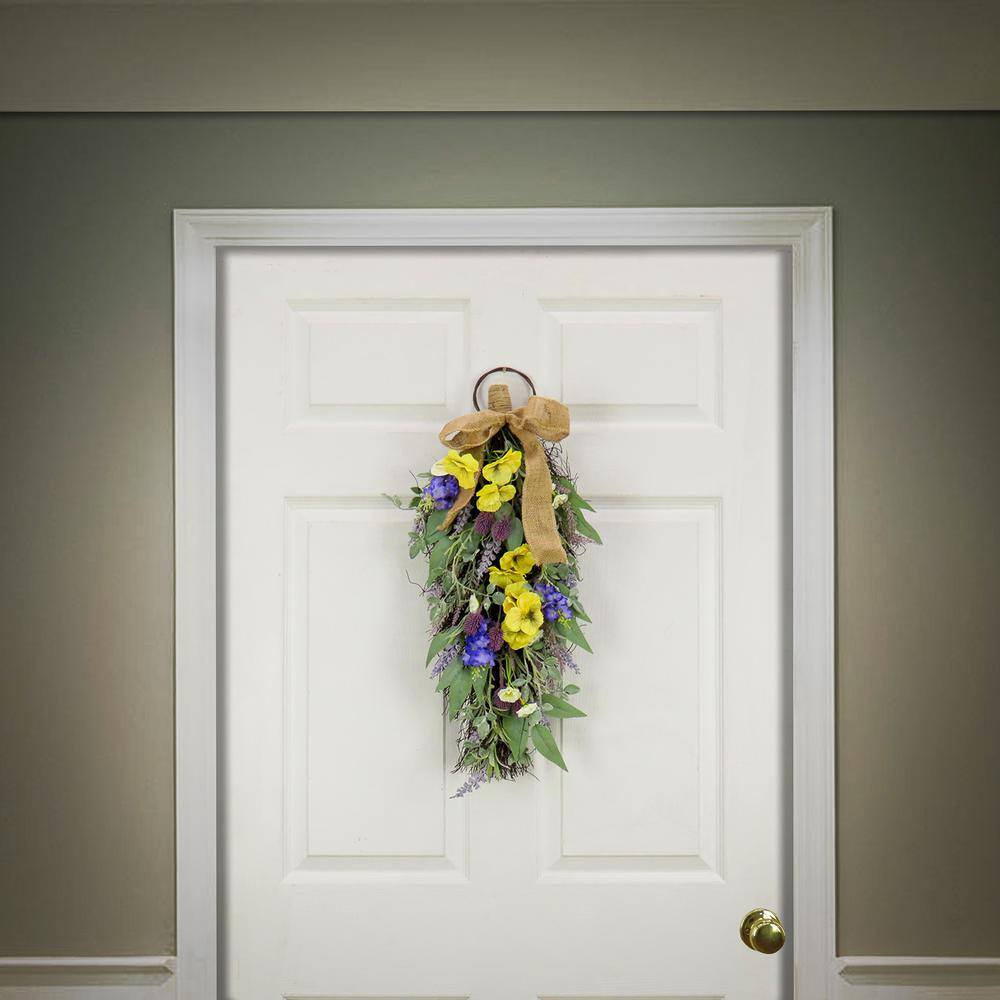 26" Yellow and Purple Artificial Floral Swag with Burlap Ribbon