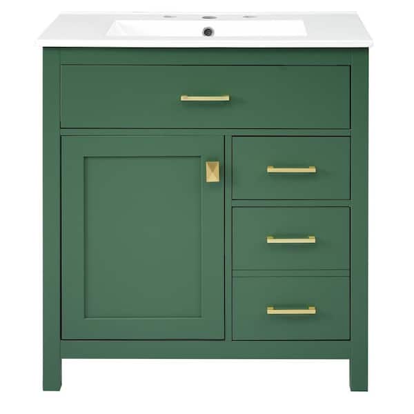 Zeus & Ruta 30 in. W x 18.3 in. D x 33.6 in. H Single Sink Bath Vanity in Green with White Ceramic Top and 3-Different Drawers