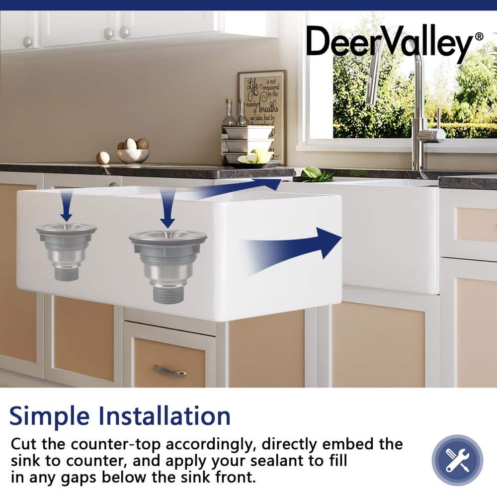33" White Fireclay Double Bowl Farmhouse Workstation Sink