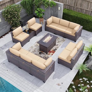 12-Piece Wicker Patio Conversation Set with 55000 BTU Gas Fire Pit Table and Glass Coffee Table and Sand Cushions