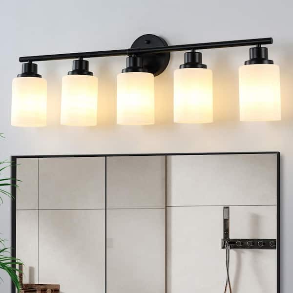 31 in. 5-Light Matte Black Bathroom Vanity Light Fixture with Frosted Glass Shades