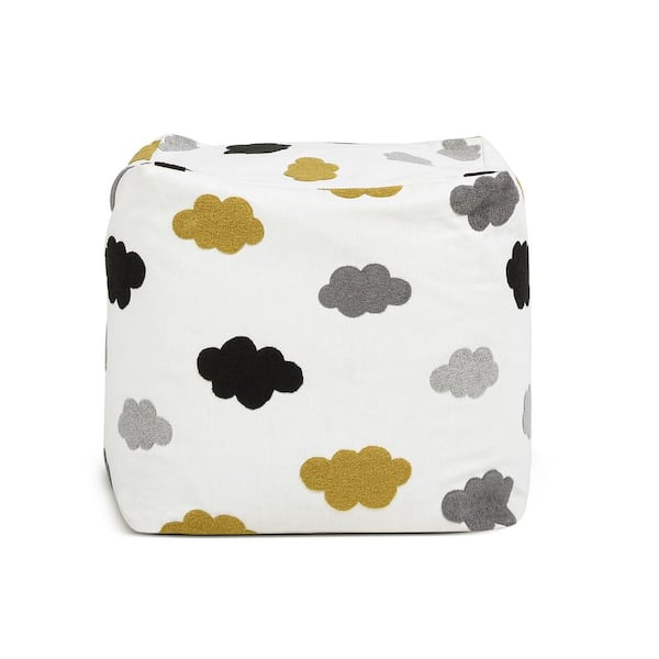 Jennifer Taylor Pouf 20 in. Luxury Polyester Oversized Bean Bag Cube Ottoman in Cumulus Cream White Embroidery