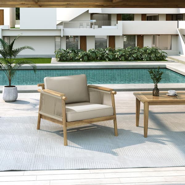 CHRISTOPHER KNIGHT HOME Celine Outdoor Patio Club Chair with Beige Cushions, Rope Weave, Acacia Wood, Teak