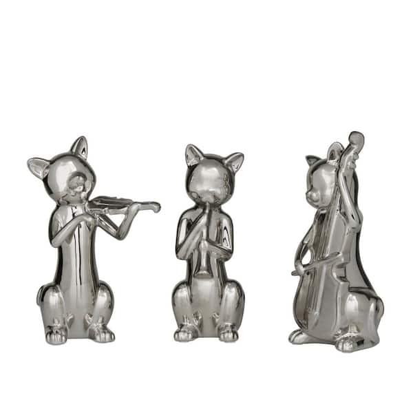 Litton Lane Silver Porcelain Musical Cat Sculpture (Set of 3)