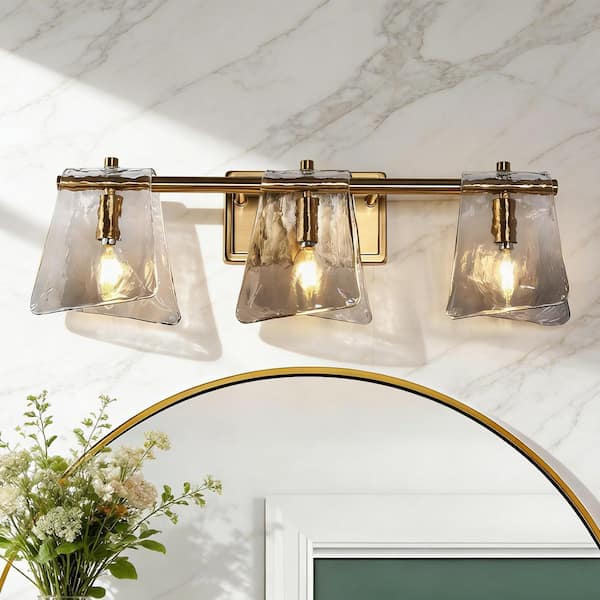 Afmean 23.6 in. Modern 3-Light Plated Brass Gray Glass Bathroom Vanity Light Modern Glam Wall Sconce for Mirror/Cabinet