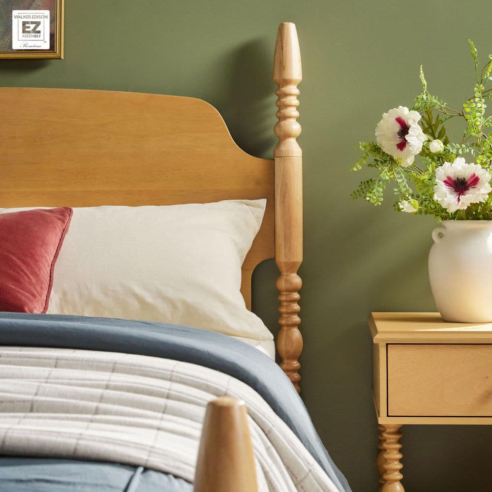 Natural Solid Wood Queen Spindle Bed Frame with Upholstered Headboard