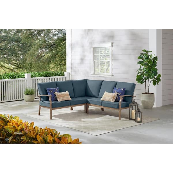 Hampton Bay Beachside Rope Look Wicker Outdoor Patio Sectional Sofa Seating Set with Sunbrella Denim Blue Cushions