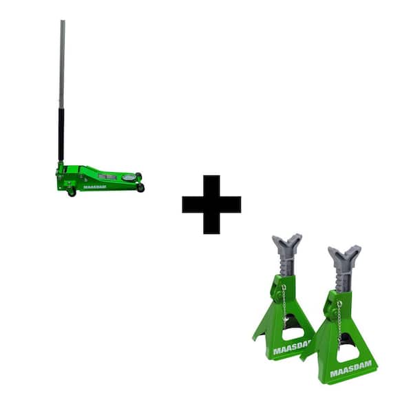Maasdam 3-Ton Low Profile Car Jack with Quick Lift and 3-Ton Jack Stand in Green