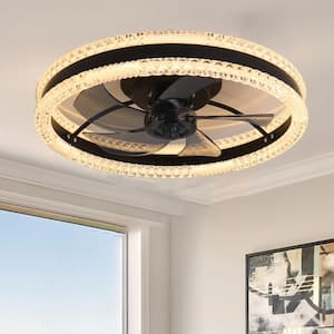 Catilato 16 in. 20 in. Indoor Black 2 Crystal LED Ceiling Fan with Light and Remote for Low Profile Bedroom