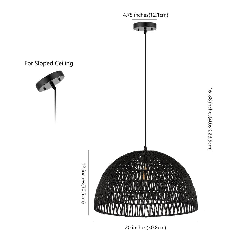 Bohemian Black Woven Rattan & Iron LED Dome Pendant 20"