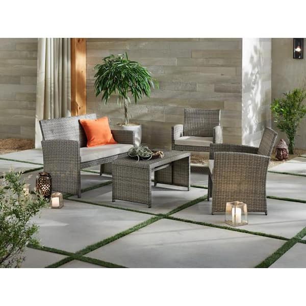 StyleWell Park Trail Grey 4-Piece Wicker Patio Conversation Set with Light Brown Cushions