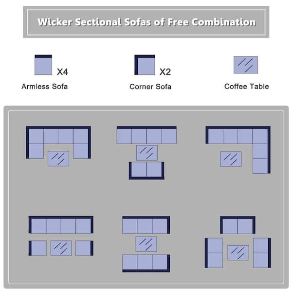 7-Piece Wicker Patio Conversation Rattan Furniture Set Sectional Sofas with Off White and Gray Cushions