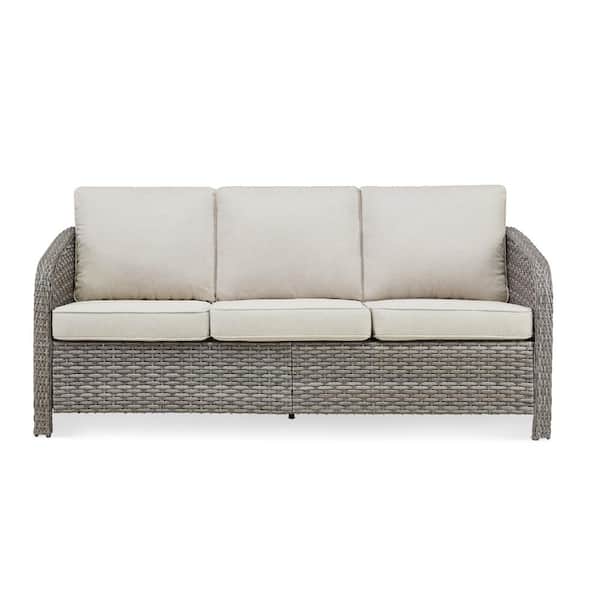 73.6 in. Grey PE Wicker Rattan 3 Seat Sofa with Beige Deep Seat