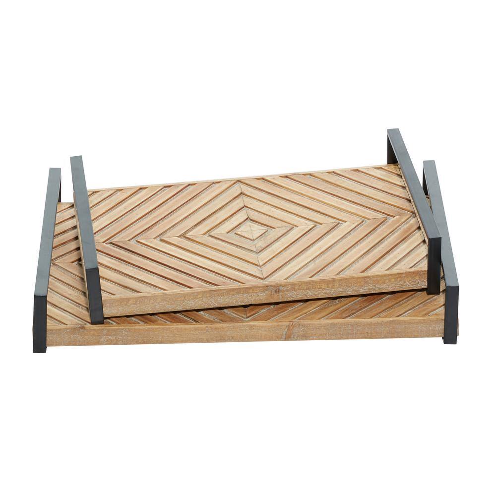 Brown Rectangular Wood Tray Set with Black Handles, 19" and 16"