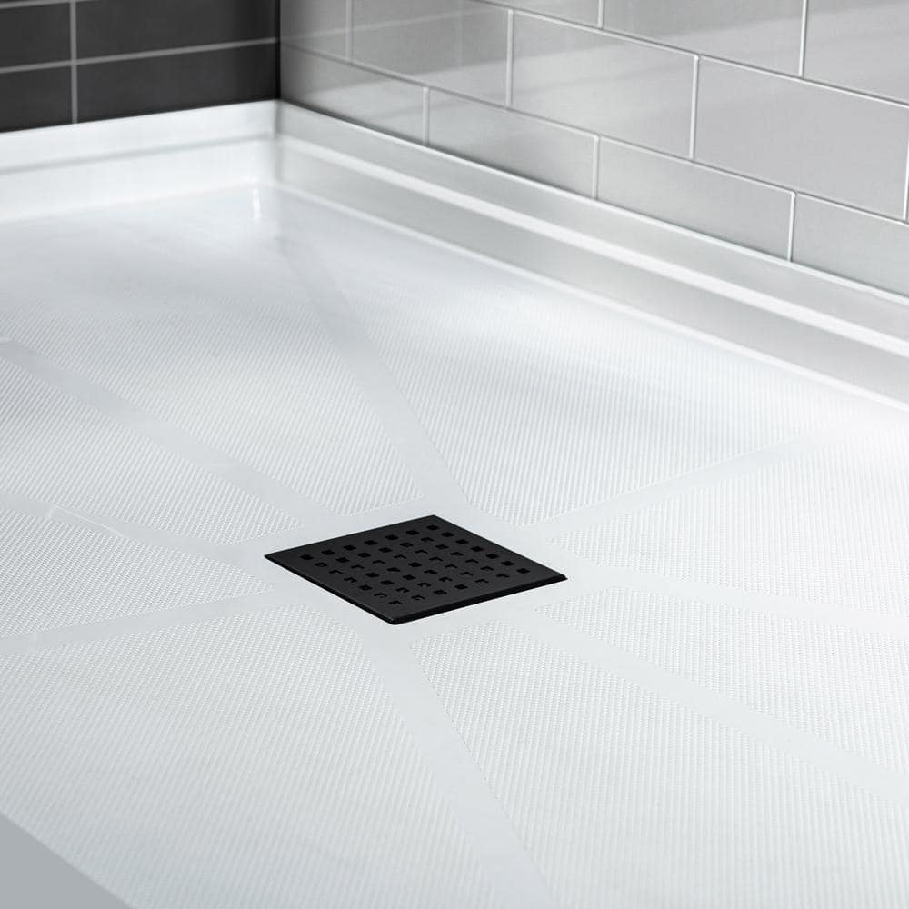 48" White Solid Surface Rectangular Shower Pan with Matte Black Drain Cover