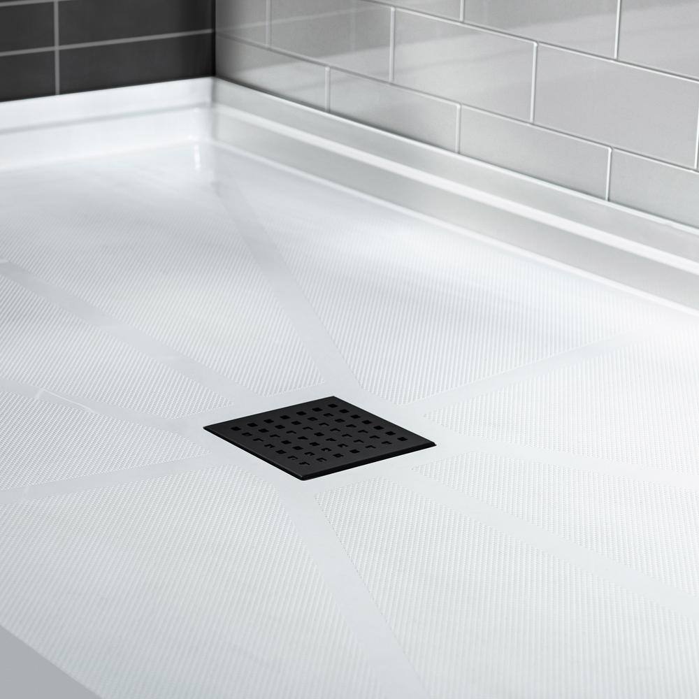 60" White Solid Surface Rectangular Shower Pan with Matte Black Drain Cover