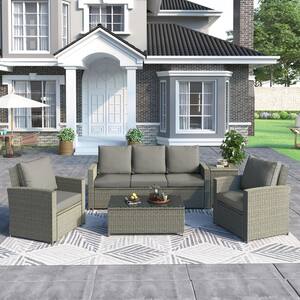 Gray Wicker Outdoor Patio Furniture Sets Sectional Seating Group with Gray Cushions and Table