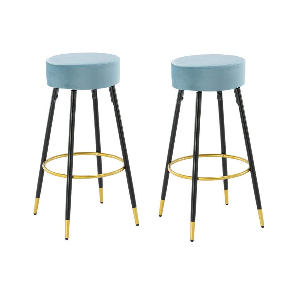 HOMEFUN 30 in. Light Blue Metal Frame Bar Stool with Velvet Seat (Set