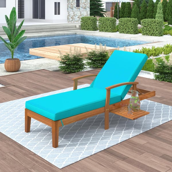 Afoxsos 1-Piece Brown Solid Wood Outdoor Chaise Lounge Patio Reclining Daybed with Blue Cushion, Wheels and Sliding Cup Table
