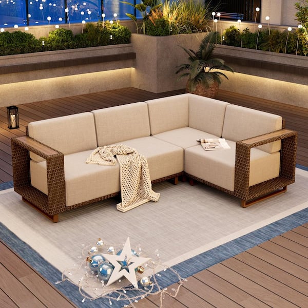 Brown Rattan Wicker 4 Seat 4-Piece Steel Outdoor Sectional Set with Beige Cushions