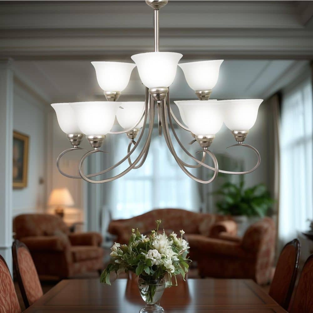 9-Light Satin Nickel Chandelier with White Glass Shade price history on PriceWatchPro