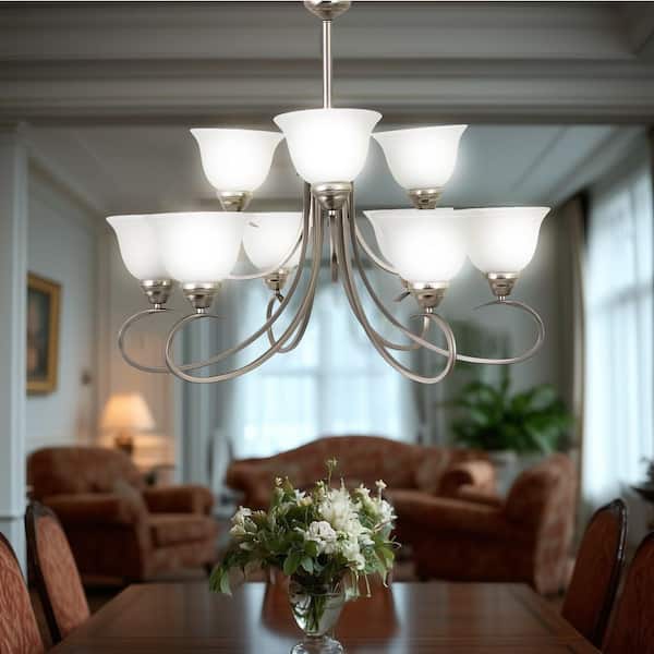 Yosemite Home Decor 9-Light Satin Nickel Chandelier with White Glass Shade