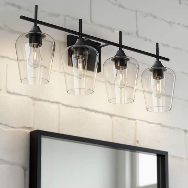 4-Light Matt Black Vanity Light Bathroom with Clear Glass Shades
