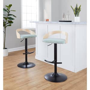 Grotto 32.25 in. Light Green Fabric, Natural Wood and Black Metal Adjustable Bar Stool (Set of 2)