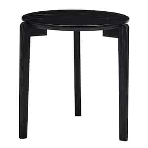 24 in. Black Solid Wood Round Outdoor Coffee Table with Imitation Marble Tabletop