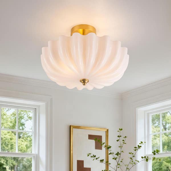 3-Light 15.75 in. Brass Classic Transitional Opal White Ribbed Glass Semi-Flush Mount Ceiling Light