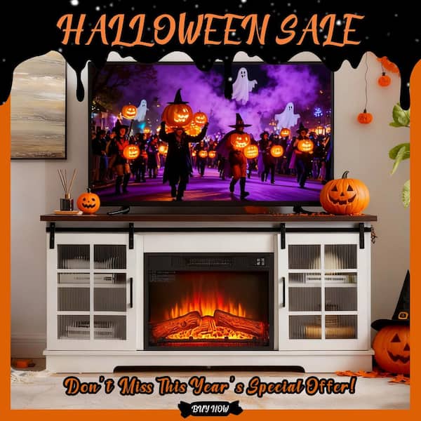 59 in. Freestanding Electric Fireplace TV Stand with 2 Sliding Fluted Glass Doors in White