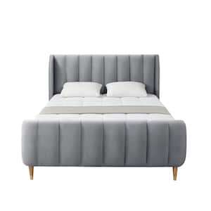 Eleazar Grey King Size Platform Bed Upholstered Velvet