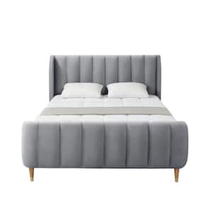 Eleazer Grey Queen Size Platform Bed Upholstered Velvet