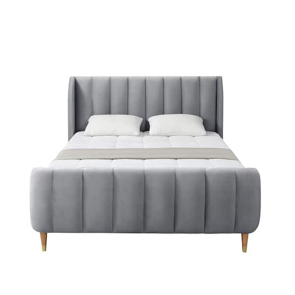 Loft Lyfe Eleazer Grey Queen Size Platform Bed Upholstered Velvet