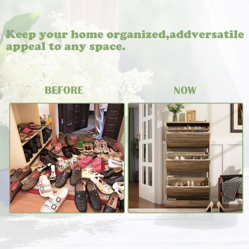 Brown Wood Grain 3-Tier Shoe Storage Rack with Metal Handles