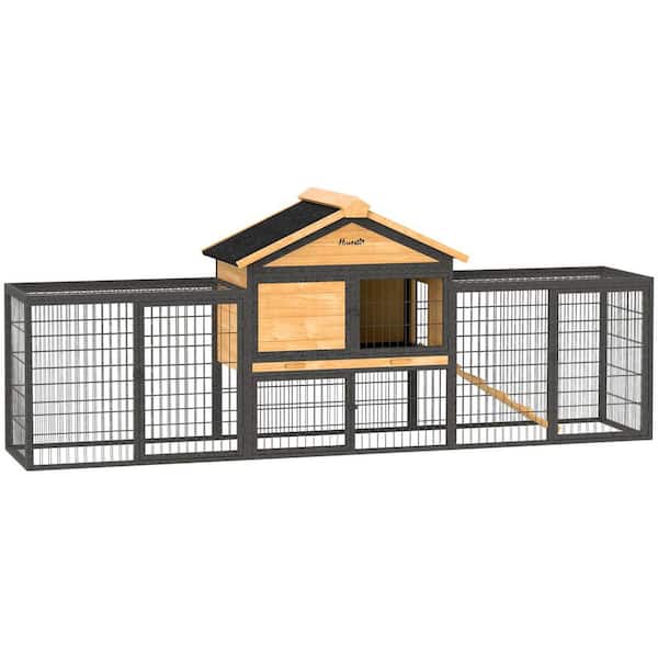Rabbit Hutch Outdoor, 85 in. Large Bunny Cage with Steel Run, Asphalt Roof, Ramp, for 2-3 Rabbits, Guinea Pigs
