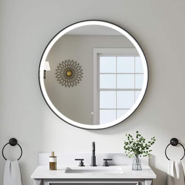 36 in. W x 36 in. H Round Framed LED Dimmable Anti-Fog Wall Bathroom Vanity Mirror in Matte Black, IP54