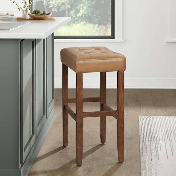 Alaterre Furniture Madison Backless 30.5 in. Bar Height Wood Stool True Walnut Finish with Cognac PU