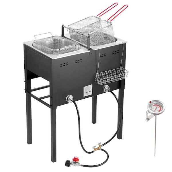 Outdoor Propane Deep Fryer,  Dual-Tank 16QTx2 Commercial Fryer,  Stainless Steel,  3 Baskets,  Thermometer,  50, 000 BTU