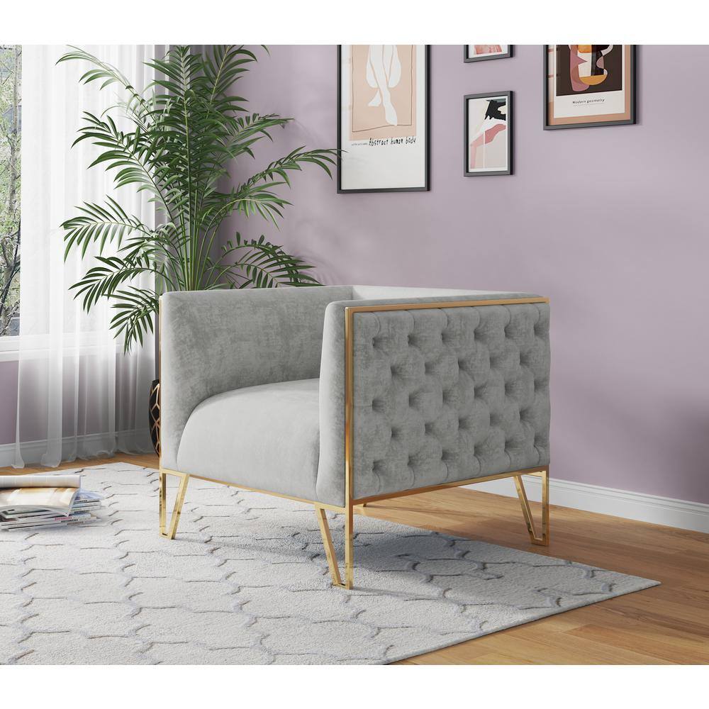 Grey Velvet Barrel Accent Chair with Gold Metal Frame