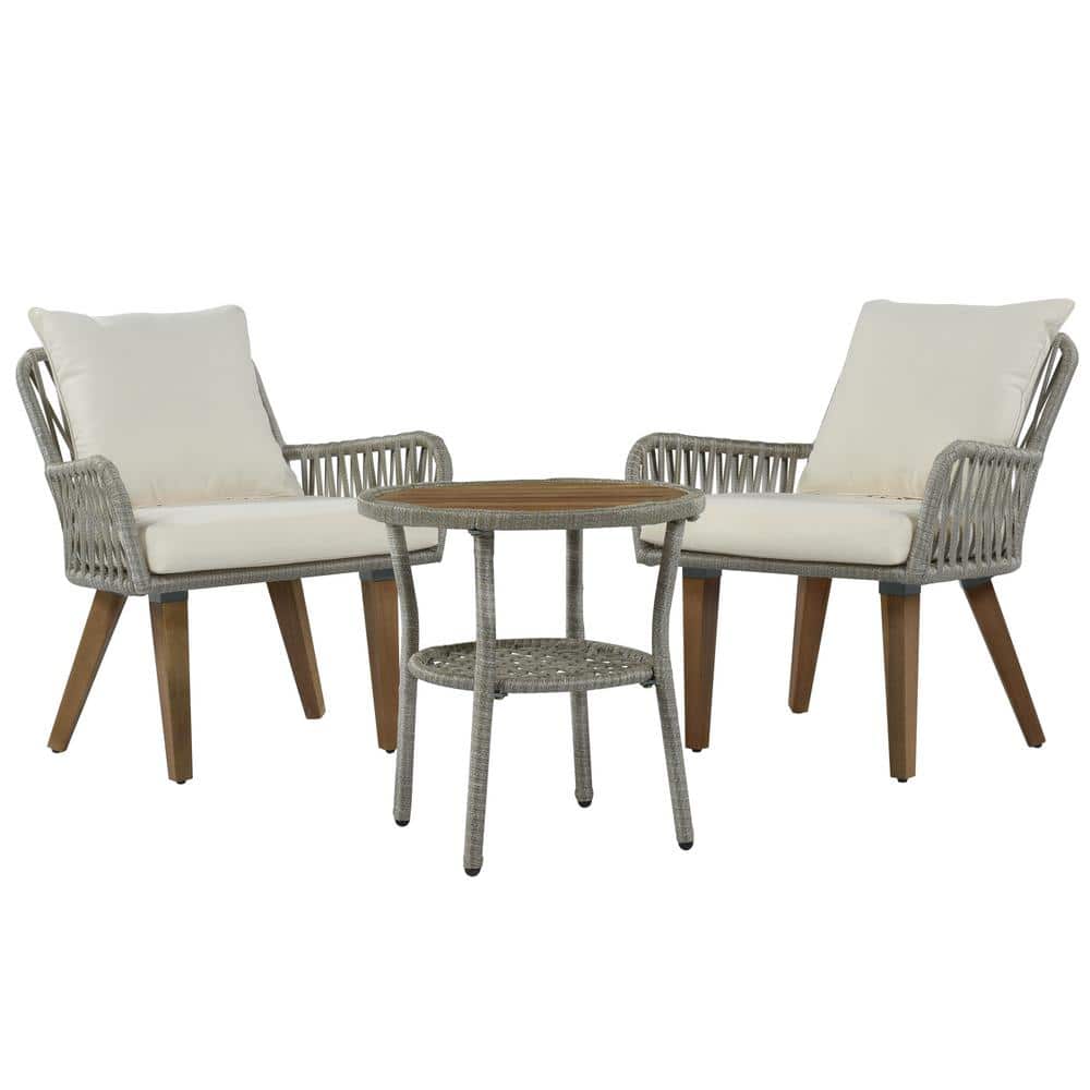 Patio 3-Piece Bistro Set Woven-Rope Conversation Set with Wood Tabletop and