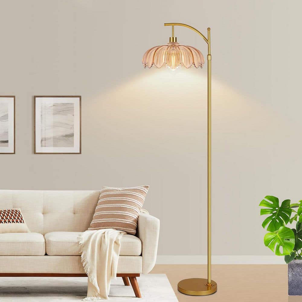 レトロランプ12-28 69-inch Gold Metal Retro Dimmable Yellow Shade Curved LED Floor