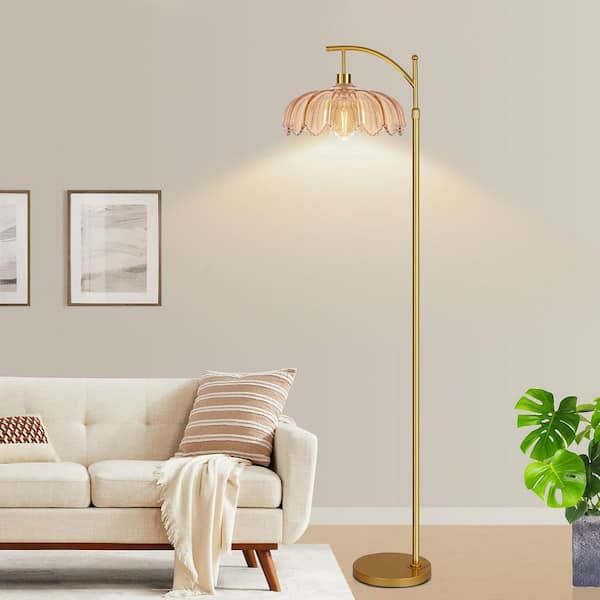 69-inch Gold Metal Retro Dimmable Yellow Shade Curved LED Floor Lamp